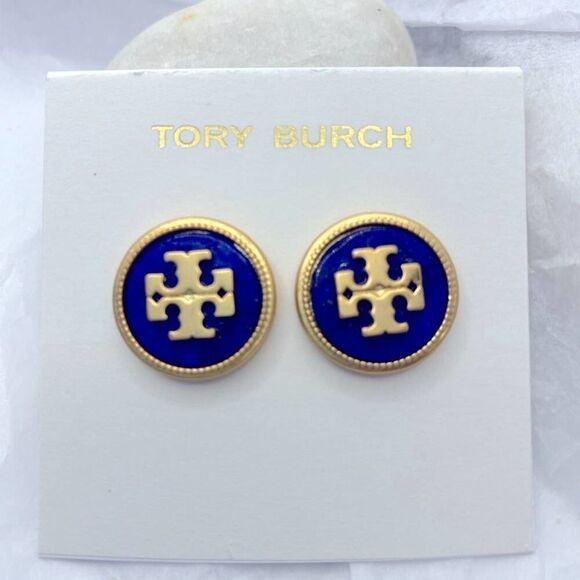 NWOT Tory Burch Gold Logo Dark Blue Medallion Stud Earrings - Picture 1 of 7